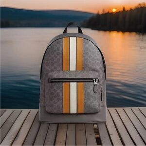 NWT Coach Cv922 West Backpack Signature Canvas Varsity Stripe Grey/Ochre/Chalk